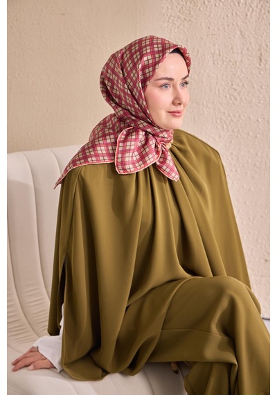 Silk Home Twill İpek Eşarp Ekose Pembe Çok Renkli