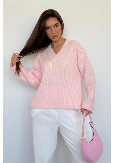 Madmext Pembe V Yaka Triko Kadın Kazak Mg2501 Pembe