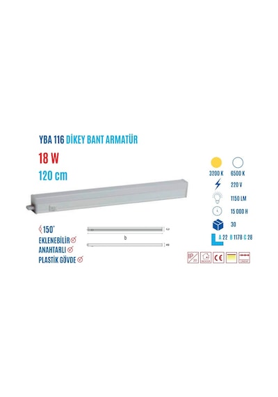 Ycl Yba-116B 18W 120Cm Beyaz Led Bant Armatür Beyaz