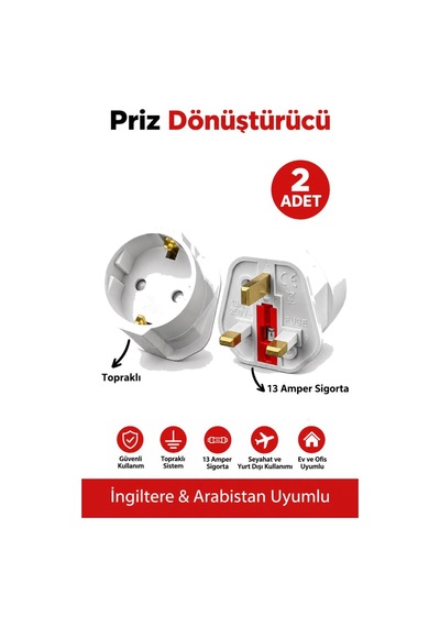 3 Adet İngiliz Erkek Türk Dişi Unıversal Priz Dönüştürücü - 13a Sigortalı Topraklı Arabistan Türkiye Priz Çevirici Adaptör - G Tipi Güç Adaptörü