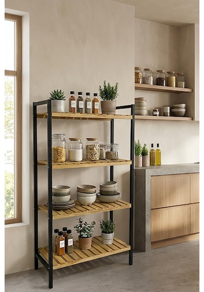 Exent Dekoratif Doğal Ahşap, 4 Katlı Çok Amaçlı Dolap, Mutfak Dolabı, Kiler Dolabı, Metal İskelet Ahşap Exent Dekoratif Doğal Ahşap, 4 Katlı Çok Amaçlı Dolap, Mutfak Dolabı, Kiler Dolabı, Metal İskelet Ahşap