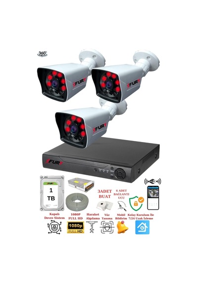 Fury 3 Kameralı 5mp Lensli 1080p 2mp Görüntü 6 Atom Gece Görüşlü Fullhd Güvenlik Kamerası 5525a 1tb