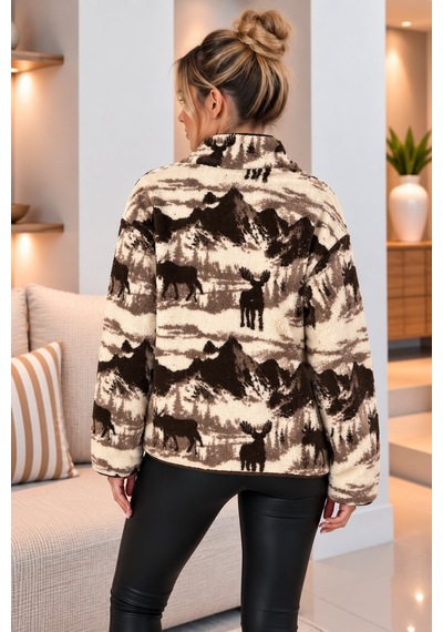 Lima Çok Renkli Kadın Desenli Polar Ceket Fermuarlı Dik Yaka Oversize Kışlık Polar