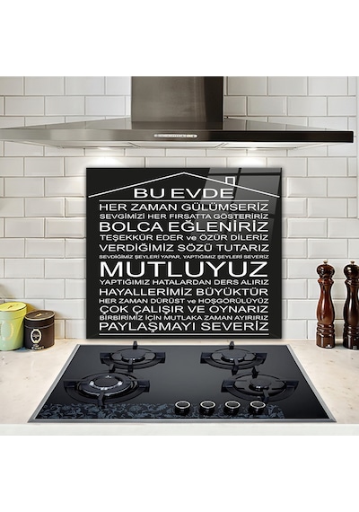 Decorita Cam Ocak Arkası Koruyucu |Bu Ev-Siyah Fon | 52cm x 60cm