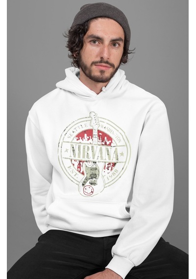 Sevbano Nirvana Rock Metal Baskılı Unisex Oversize Müzik Grubu Hoodie beyaz