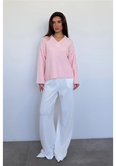 Madmext Pembe V Yaka Triko Kadın Kazak Mg2501 Pembe