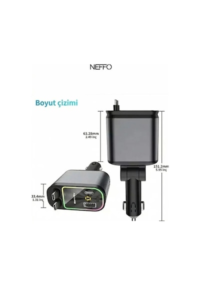 4in1 Geri Çekilebilir Araç İçi Hızlı Şarj Cihazı Çakmaklık Rgb Tavan Aydınlatma 66w Usb C 65
