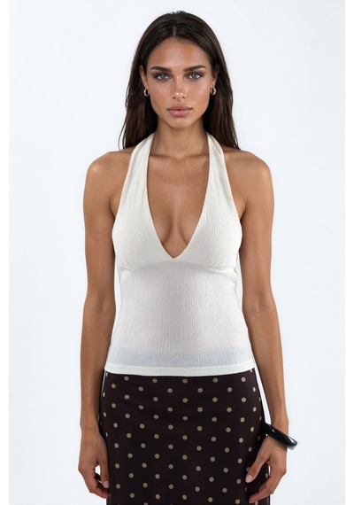 Hiccup Busem Kesik Detaylı Dar Kesim Halter Crop Bluz Beyaz