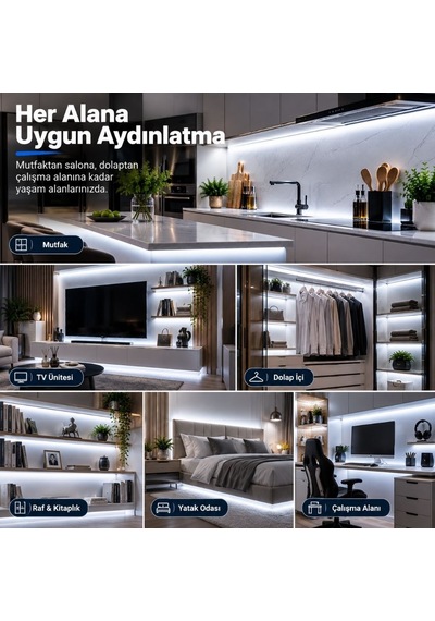 Şerit Led Kumandalı Dimmerli 5 Metre Mutfak Dolabı Tezgah Altı Aydınlatma Led Işık Sb-6557 Beyaz