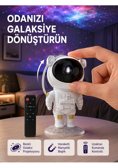 Astronot Şekilli Galaxy Projeksiyon Lambası Nebula Efektli Dekoratif Lamba - Lisinya Çok Renkli