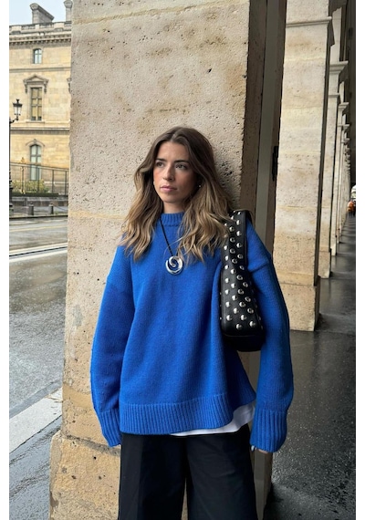 Madmext Saks Bisiklet Yaka Oversize Triko Kazak Mg1972 Saks