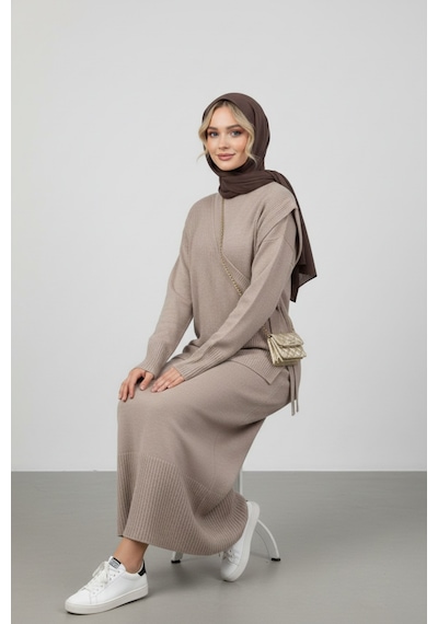 Defymoda Kadın Açık Kahve Modest Triko Tunik Elbise Takım Kahverengi