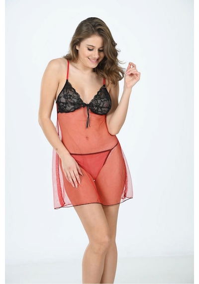 Sistina Kırmızı - 446 - Tül Gecelik - 650 - - Csmo-tex - Beden L/xl