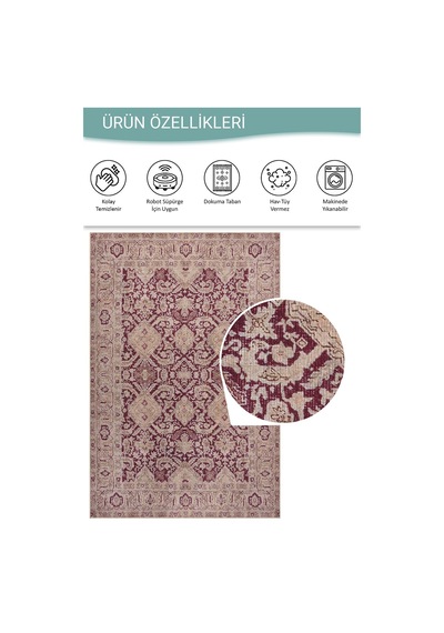 Artloop Relic Bordo Krem Vintage Klasik Madalyon Desenli Dokuma Tabanlı Şönil Halı Al 601