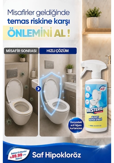 Resteril Tuvalet Temizleyici Hızlı Etkili Dezenfektan Sprey Klozet Kapağı Temizleyici Alkolsüz Hipokloröz Asit Tuvalet Koku Giderici Küf Önleyici 500 ML