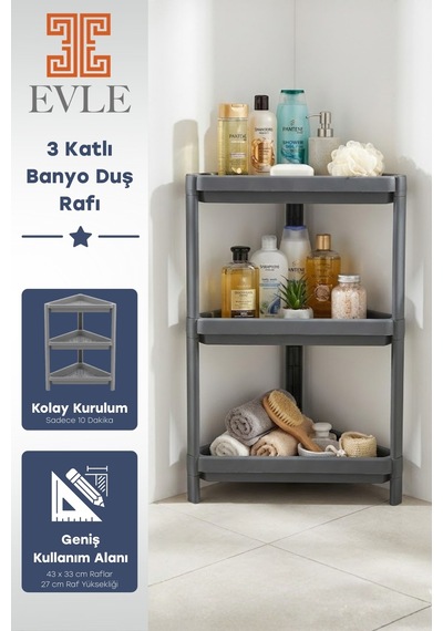 3 Katlı Banyo Köşe Rafı - Duş İçi Şampuanlık Ve Düzenleyici Organizer - Modüler Üçgen Raf Gri