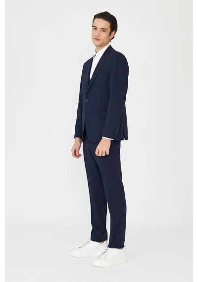 Lacivert Klasik Yaka Modern Slim Fit Yelekli Takım Elbise Laci