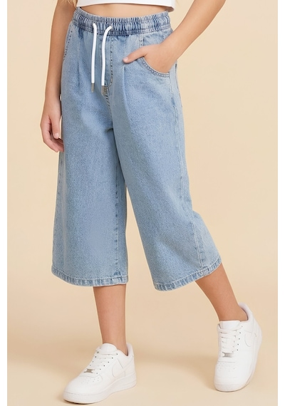 Modanino Kız Çocuk Beli Lastikli Ve Kordonlu Kapri Jean Pantolon 5-15 Yaş 12719sk Mavi