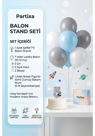 Gümüş Roket Figürlü Rakamlı Pasta Mumu Ve Masa Üstü Balon Standı Seti - Uzay Doğum Günü Süsleme Kombini Çocuk