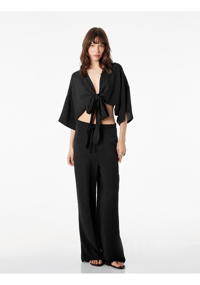 Koton Kısa Kollu Kruvaze Yaka Bağlamalı Crop Oversize Kimono Siyah 6sal50004ıw