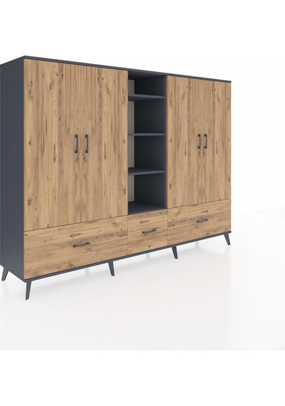 Hyperion Dolap 12 Raflı 3 Çekmeceli 4 Kapaklı 220x44x163 Antrasit Antrasit-çam