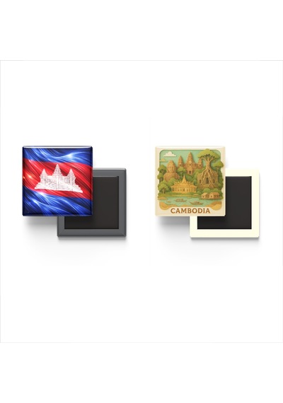 9x9 Cm Buzdolap Magnetleri - Kamboçya Bayrağı Ve Paper Cut Tema - 2'li Set Magneti