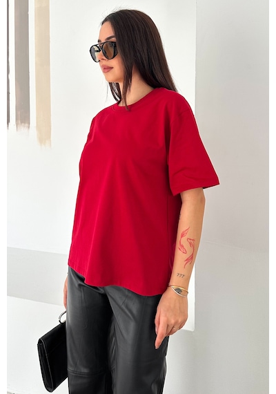 Noa & Noa Kadın %100 Pamuk Dekoratif Dikişli Basic Tişört Kırmızı