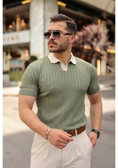 Efnaz Style Erkek Yaka Detaylı Desen Dokulu Triko Tişört Çağla Yeşili