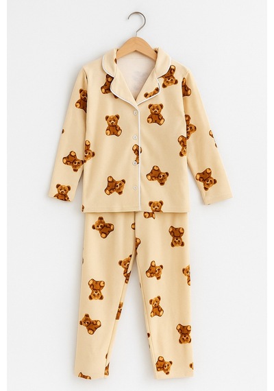 Beka Kids Ayıcık Desenli Uzun Kollu Önden Düğmeli Gömlek Yaka Kız Çocuk Pijama Takımı %100 Pamuklu Bej Beka Kids Ayıcık Desenli Uzun Kollu Önden Düğmeli Gömlek Yaka Kız Çocuk Pijama Takımı %100 Pamuklu Bej