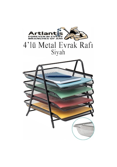 Evrak Rafı Metal 4 Lü 1 Paket Masa Üstü A4 Dosya Düzenleyici Kağıt Tepsisi Metal Fileli Dört Katlı Hareketli Perfore Siyah