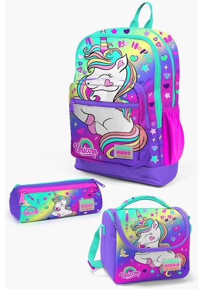 Coral High Kids Lavanta Su Yeşili Unicorn Desenli 3 Lü Okul Çanta Seti Set0123729