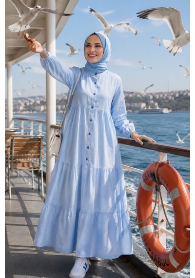 Hb Harma Time Butik Kadın Düğmeli Kat Detaylı Keten Mavi Elbise