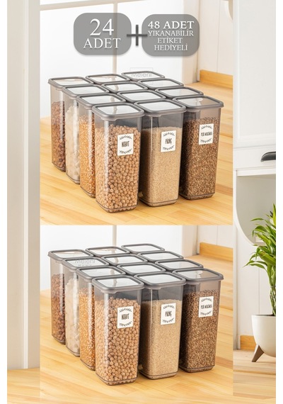 Meleni Home Etiketli Kapaklı Kare Erzak Saklama Kabı Seti Antrasit 24 x 1.7 L Antrasit