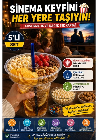5'li Set Atıştırmalık Hazneli Bardak 350 Ml Pipetli Pet Piknik Sinema Parti İçecek Bardağı Seti 17 Cm Şeffaf