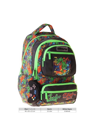 Kaukko Kids Erkek Çocuk Street Dinazor Baskılı Street Altı Bölmeli İlkokul Sırt Çantası - L5414 Çok Renkli