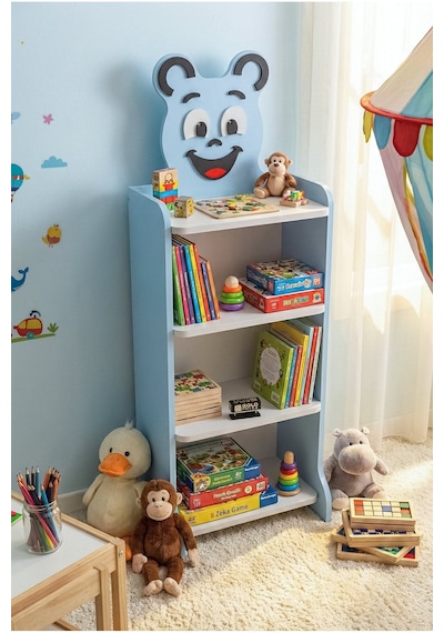 Reyo Falez Çocuk Kitaplık Happy Face 4 Raflı, Sevimli Figürlü Düzenleyici Raf Sistemi - 8026 Mavi