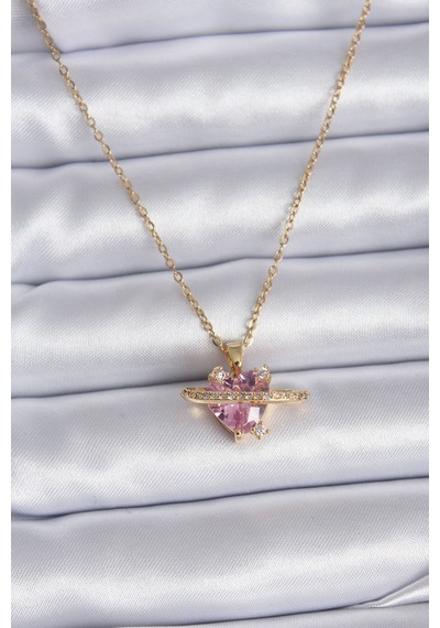 Ezoconcept 316l Çelik Gold Renk Zincir Pembe Kristal Kalp Model Zirkon Taş Detay Kadın Kolye Çok Renkli