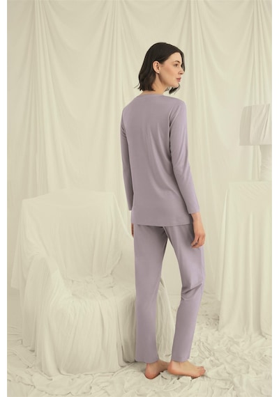 3dsepetim Uzun Kollu Boydan Düğmeli V Yaka Pijama Takımı Grı