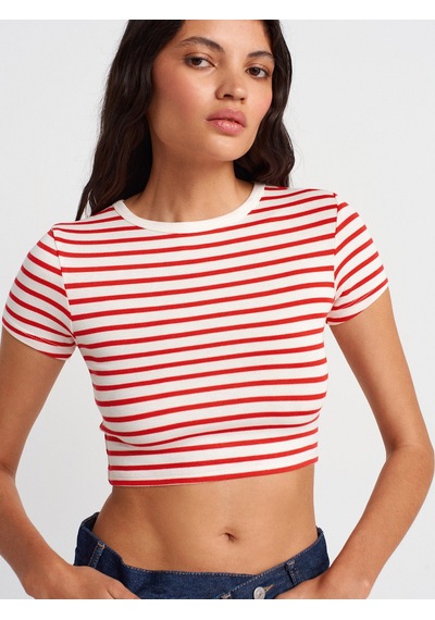 Dilvin 31889 Çizgili Crop Top-Ekru - Kırmızı