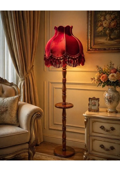 Bordo Kadife Kaplı Püsküllü Başlık Doğal Ahşap Sehpalı Ayaklı Vintage Lambader 170x45cm