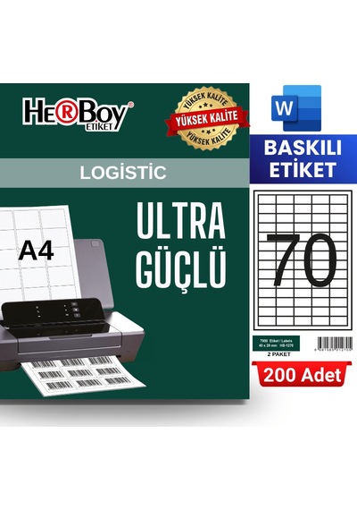 Herboy Hb-1270 40 X 20 Mm A4 Baskılı Laser Etiket 200 Adet
