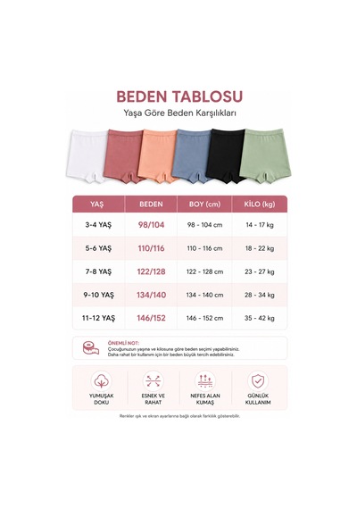 Westicgiyim Kız Çocuk Boxer 6 Lı Paket %95 Pamuk %5 Elastan Esnek Rahat Renkli Çocuk İç Çamaşırı 3-12 Yaş Çok Renkli