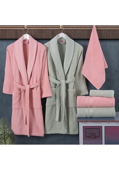 Hobby Casual 6 Parça Aile Bornoz Seti-pembe Su Yeşili