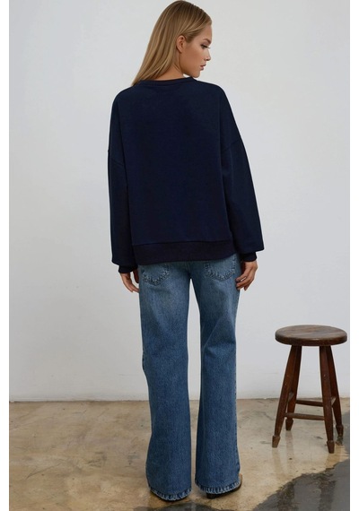 Hiccup Oversize Bisiklet Yaka Basic Sweatshirt Lacivert