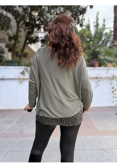 İtalyan Leopar Detaylı Şal Triko Bluz Takım Haki
