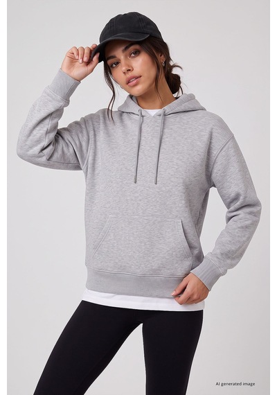 TOMMYLIFE Gri Melanj Standart Kapüşonlu Kanguru Cepli Basic Kadın Sweatshirt - 97321