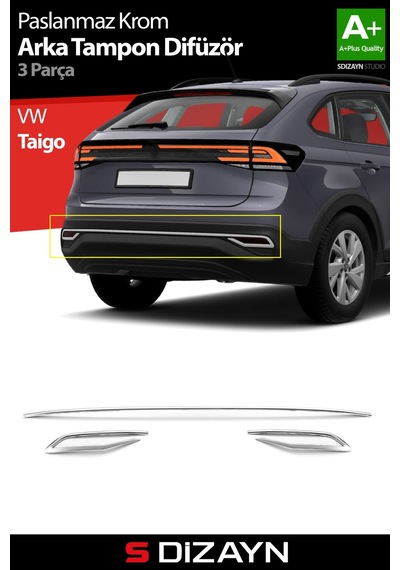 S-dizayn Vw Taigo Krom Arka Tampon Difüzör Çıtası 3 Prç. 2020 Üzeri A+ Kalite