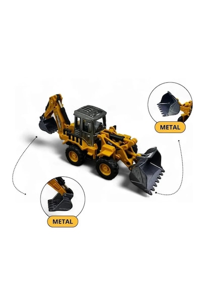 Diecast Oyuncak Metal İnşaat Araçları Çift Taraflı Dozer Kepçe Sürtmeli Kazıcı Ve Yükleyici Kutulu Sarı