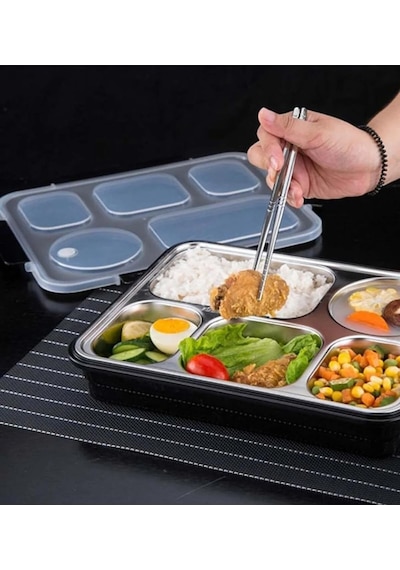 Vagonlife Bento 1600ml Lunchbox Tek Katlı 5 Bölmeli Çelik Sefer Tası Yemek Kutusu Açık Yeşil Diğer