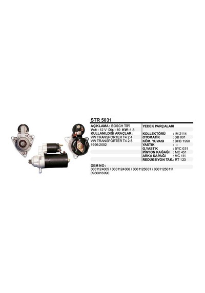 Marş Motoru 10 Diş 12v Vw Transporter 2.4/2.5 Bosch Tip 1 Ad